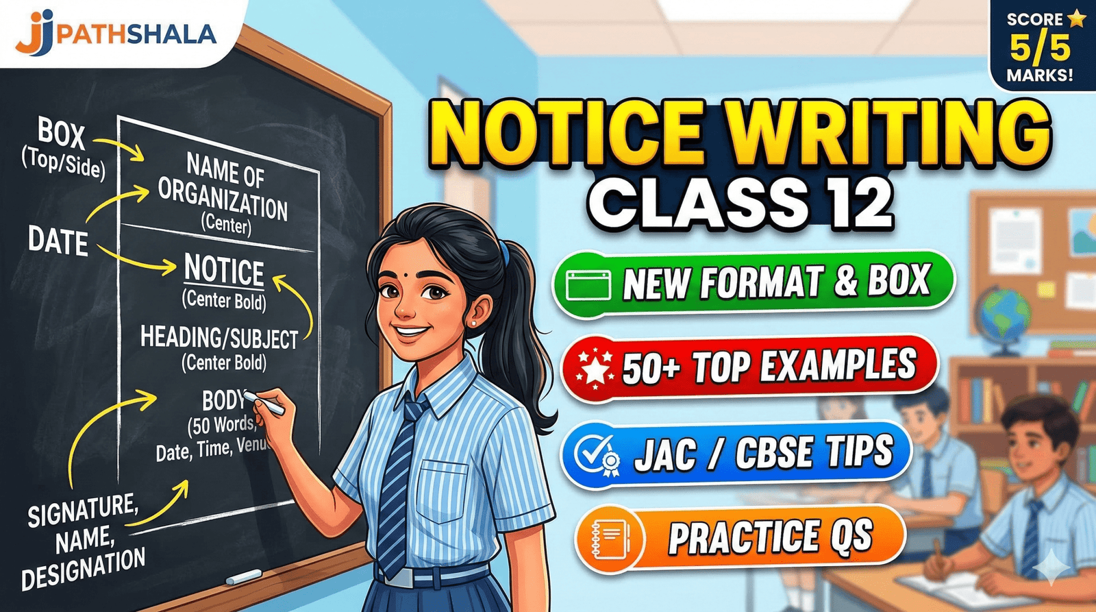 A student explaining the Notice Writing Class 12 format on a blackboard with examples and exam tips.