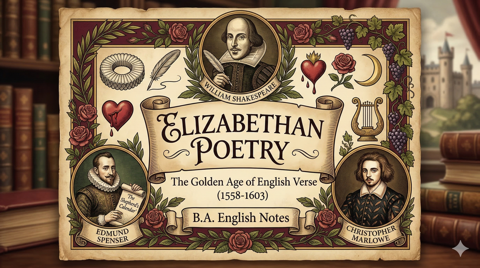 A decorative educational infographic titled "ELIZABETHAN POETRY - The Golden Age of English Verse (1558-1603)" for B.A. English Notes. It features illustrated portraits of William Shakespeare, Edmund Spenser, and Christopher Marlowe, alongside literary symbols like a lyre, quill, and roses on aged parchment.