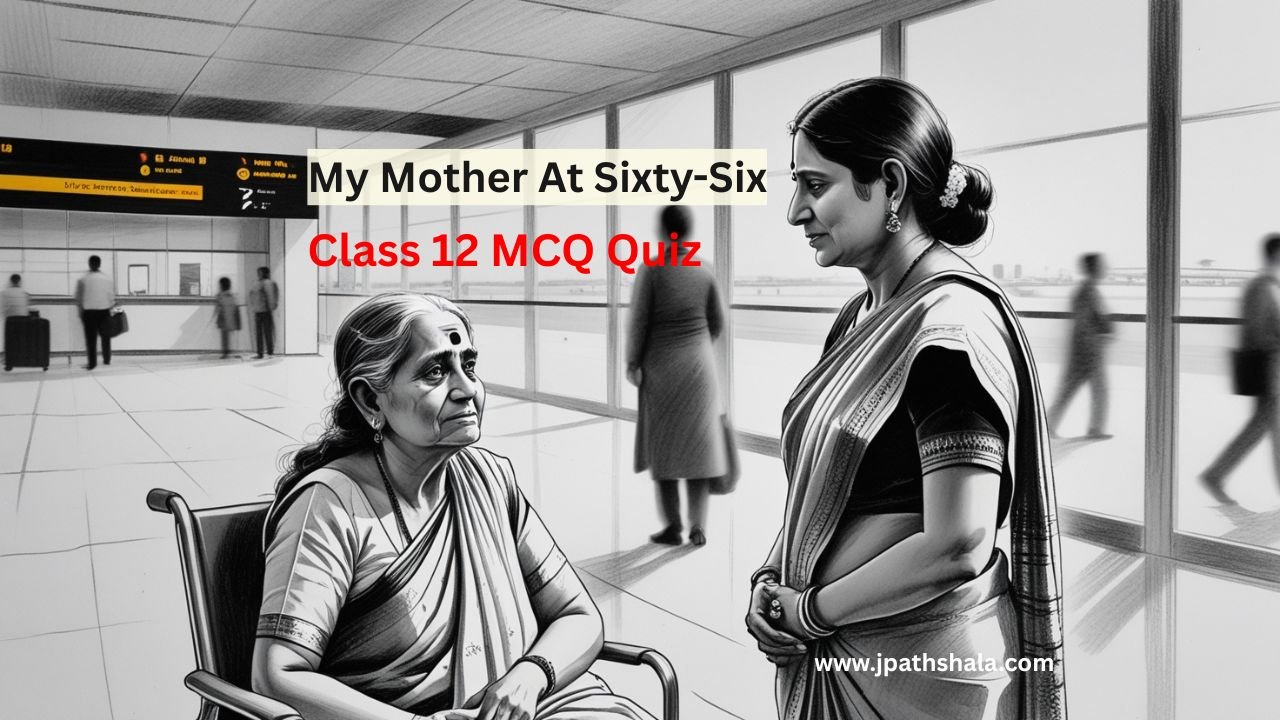 Black and white sketch of Kamala Das with her old mother at the airport from the poem My Mother at Sixty-Six MCQ, showing emotional farewell scene
