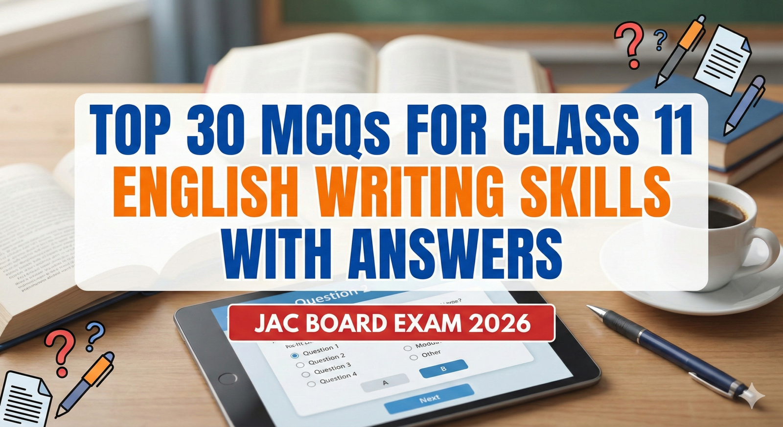EK BLOG POST KE LIYE IMAGE GENERTE KARO TOPIC HAI Top 30 MCQs for Class 11 English Writing Skills with Answers JAC BOARD EXAM 2026 KE LIYE HAI