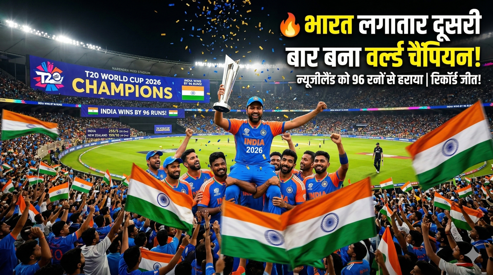 India wins T20 World Cup 2026 Final against New Zealand by 96 runs at Narendra Modi Stadium