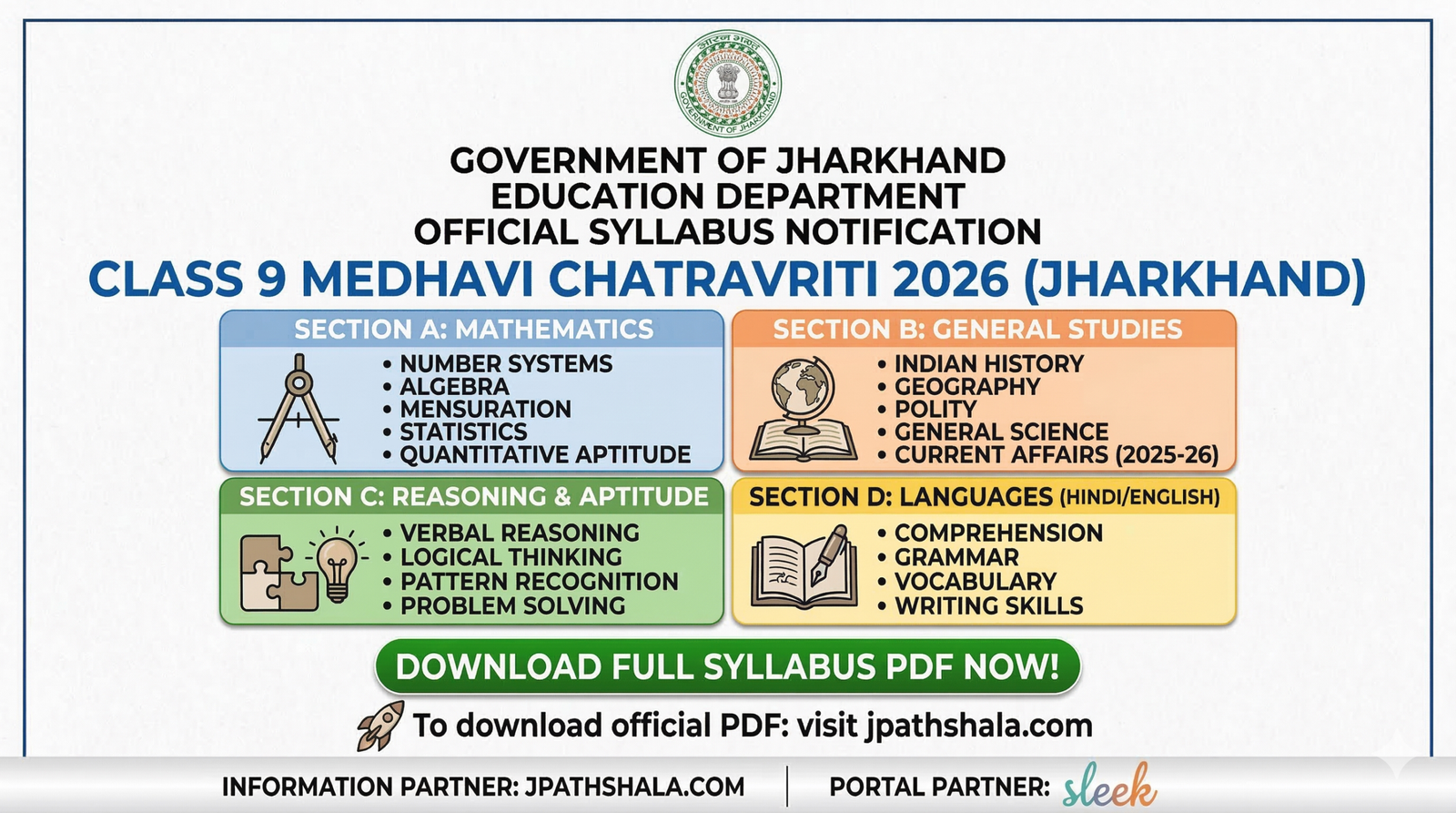 Jharkhand Class 9 Medhavi Chatravriti Syllabus 2026 - Subject wise detailed exam pattern