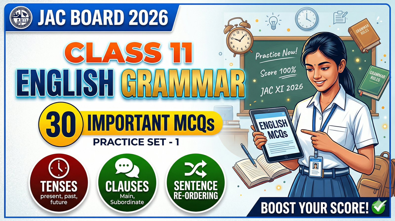 30 Top Class 11 English Grammar MCQs for JAC Board 2026