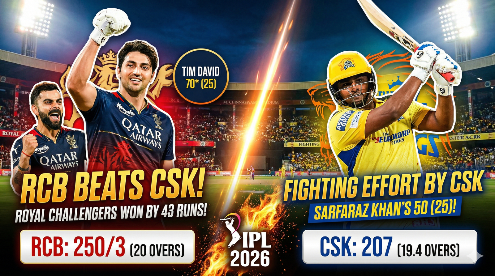 RCB Dominates CSK in a Thrilling 43-Run Victory