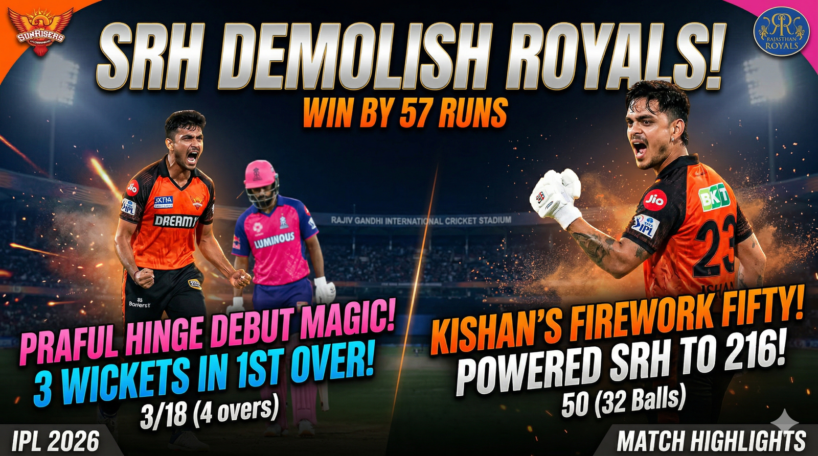 SRH Paints the Town Orange, Demolishes Rajasthan Royals in a 57-Run Thriller