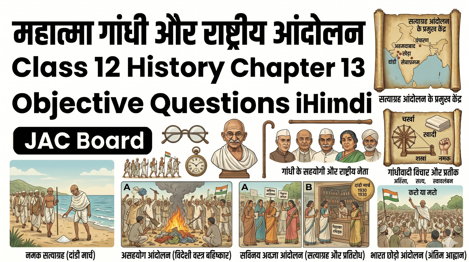 महात्मा गांधी और राष्ट्रीय आंदोलन Class 12 History Chapter 13 Objective Questions in Hindi JAC Board